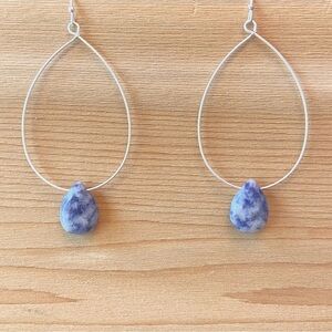 Earrings ~ Silver Teardrop with Hanging Blue Stone Bead ~ Never Worn ~ 2 1/2”